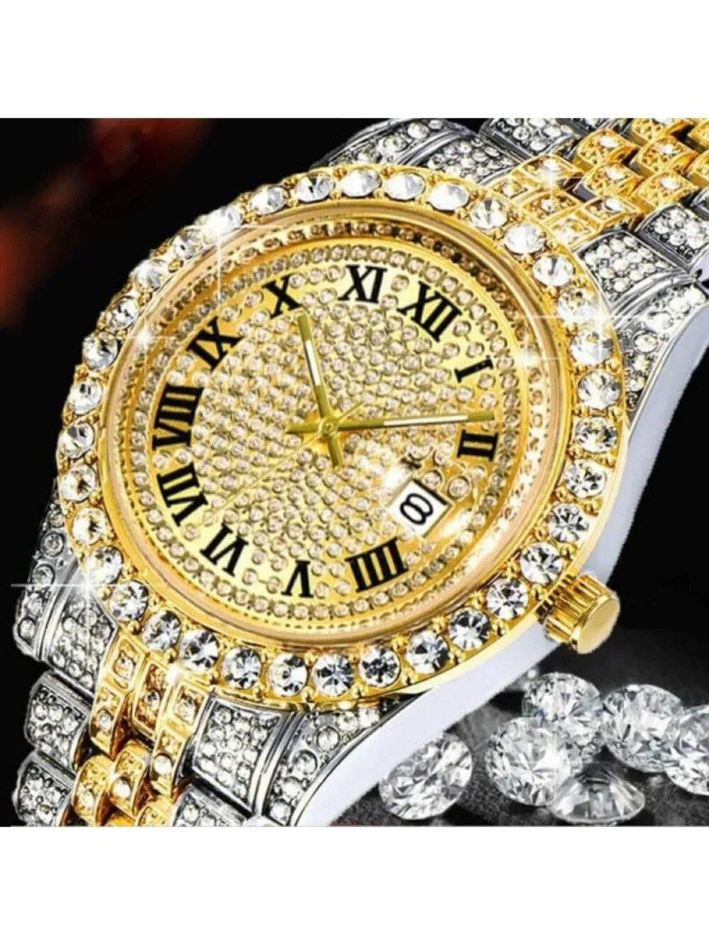 Mens Silver Gold Analog Crystal Rhinestone Diamond Iced-Out Bracelet Wrist Watch